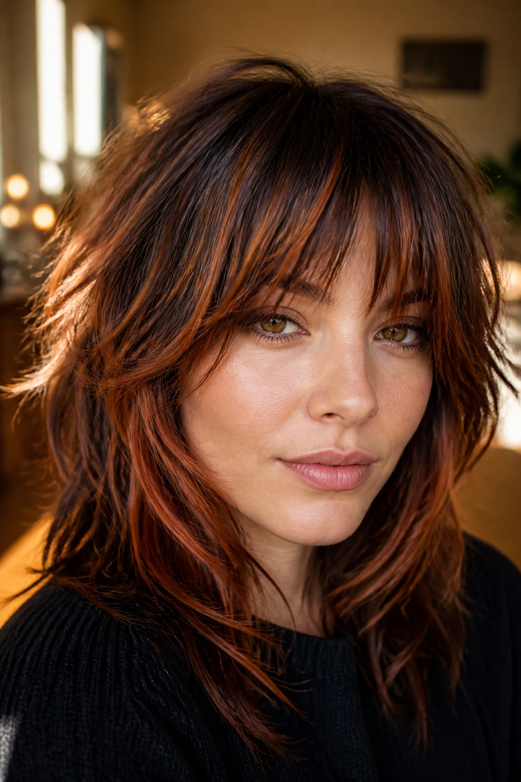 Close-up of a woman with shag bangs and copper highlights