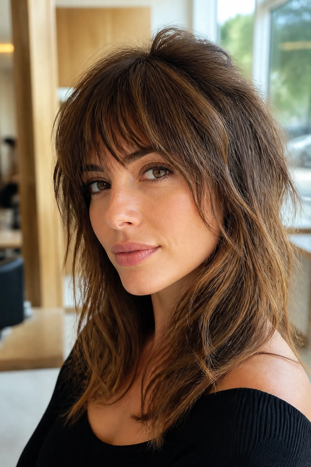 Close-up portrait of a real woman with shag bangs and crown volume
