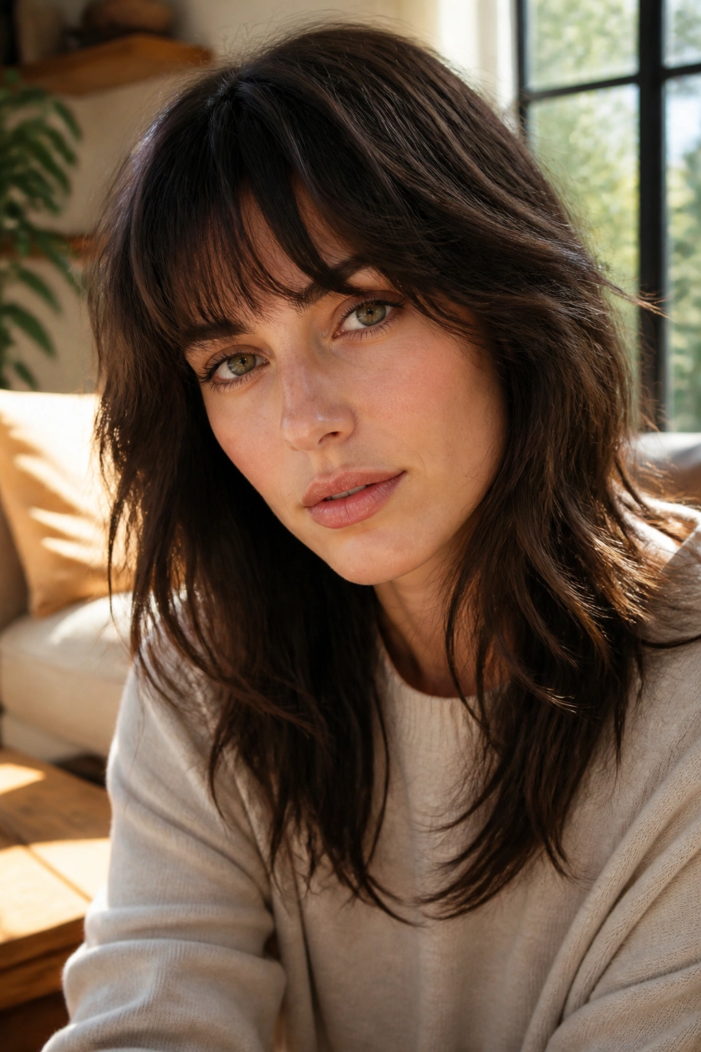 Close-up of shag bangs blending into layered hair in sunlit room