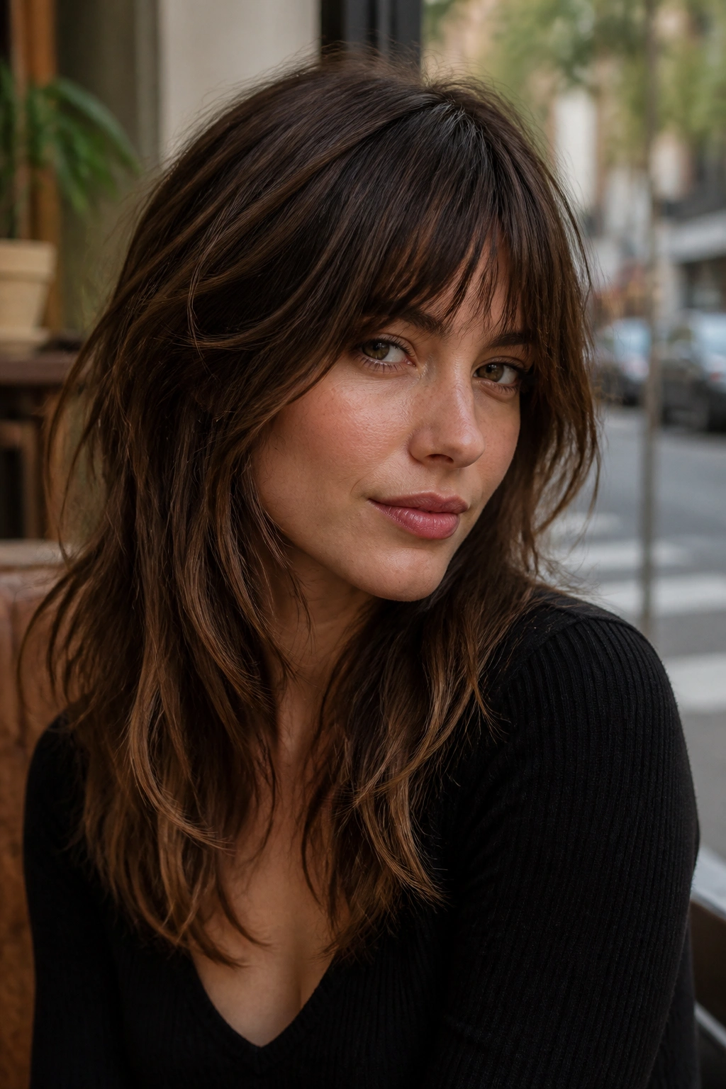 Close-up of a real woman with shag bangs blending into layered hair in natural light