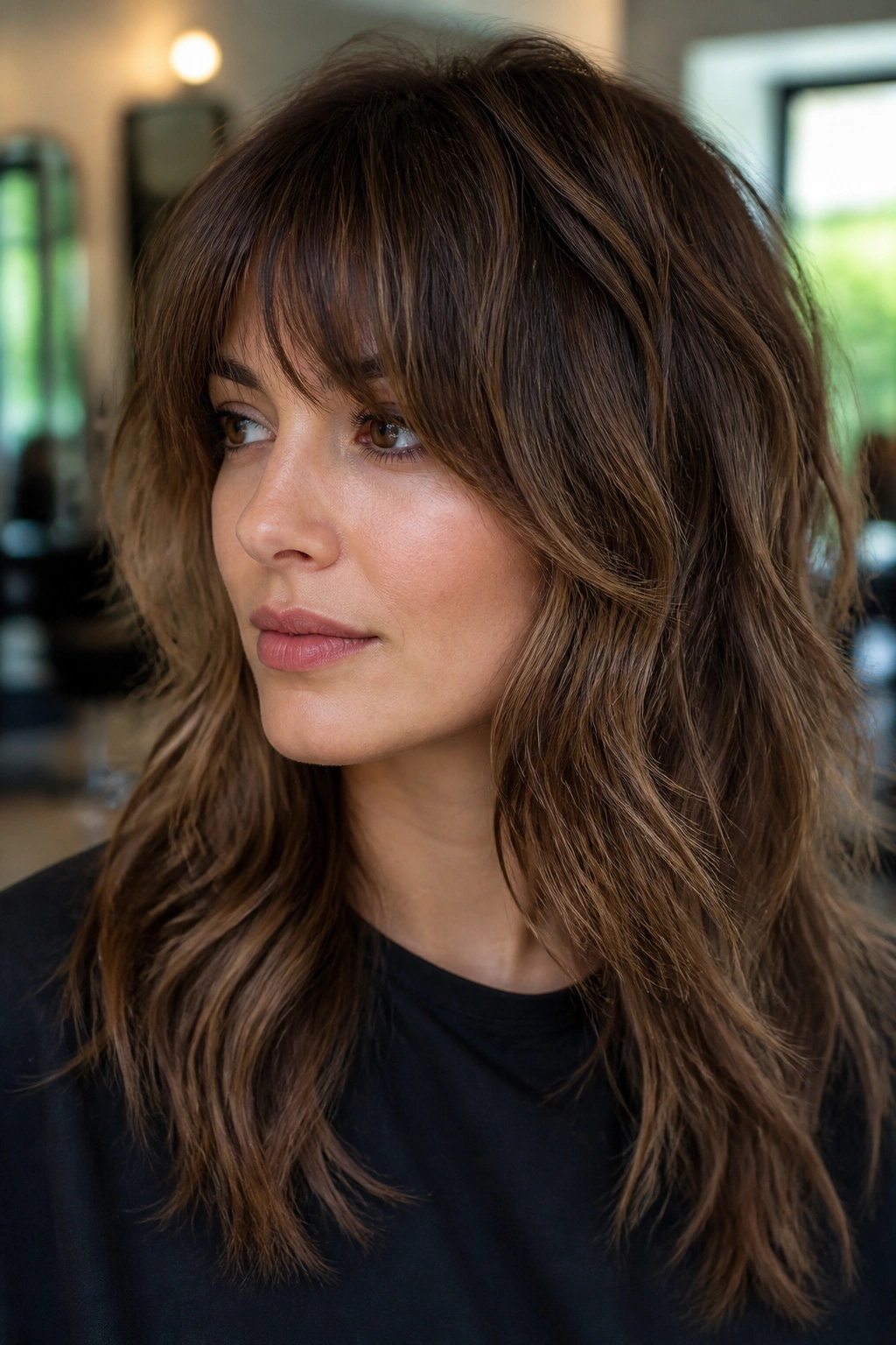 Close-up of a real woman with shag bangs showing built-in movement in a salon.