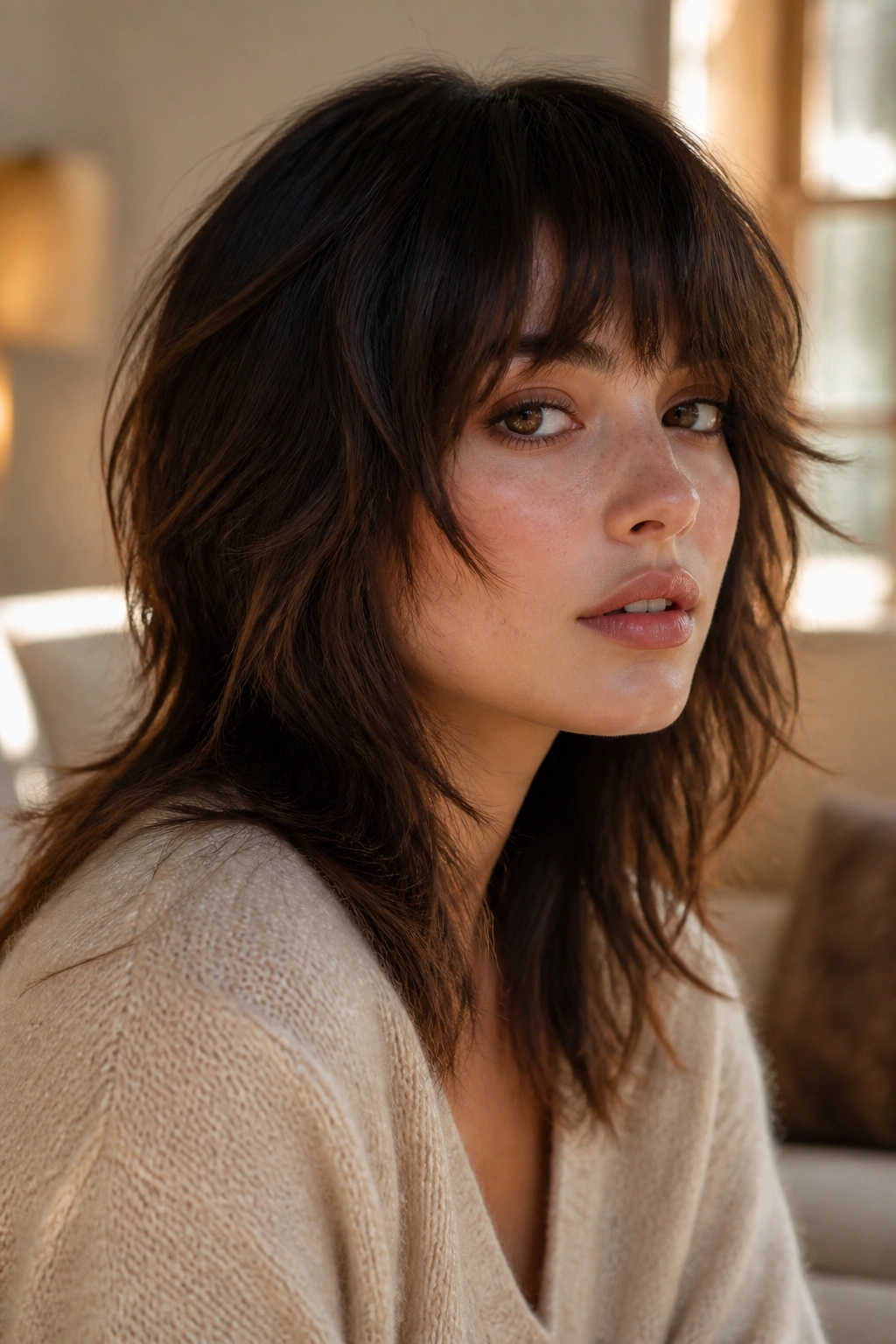 Close-up portrait of a real person with shag bangs and layered feathered ends