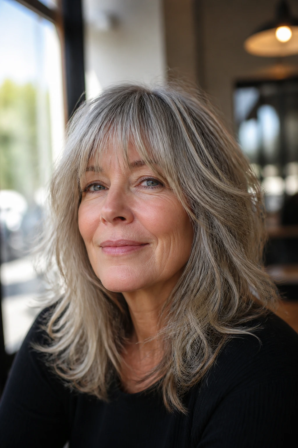 Close-up portrait of a real woman with shag bangs in a cafe setting.