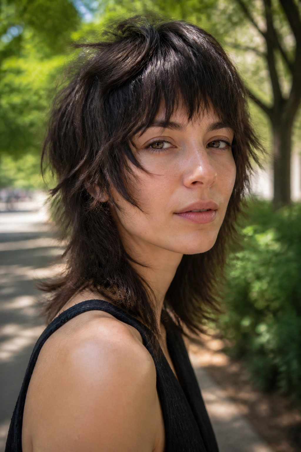 Close-up portrait of a real woman with choppy bangs and shag haircut