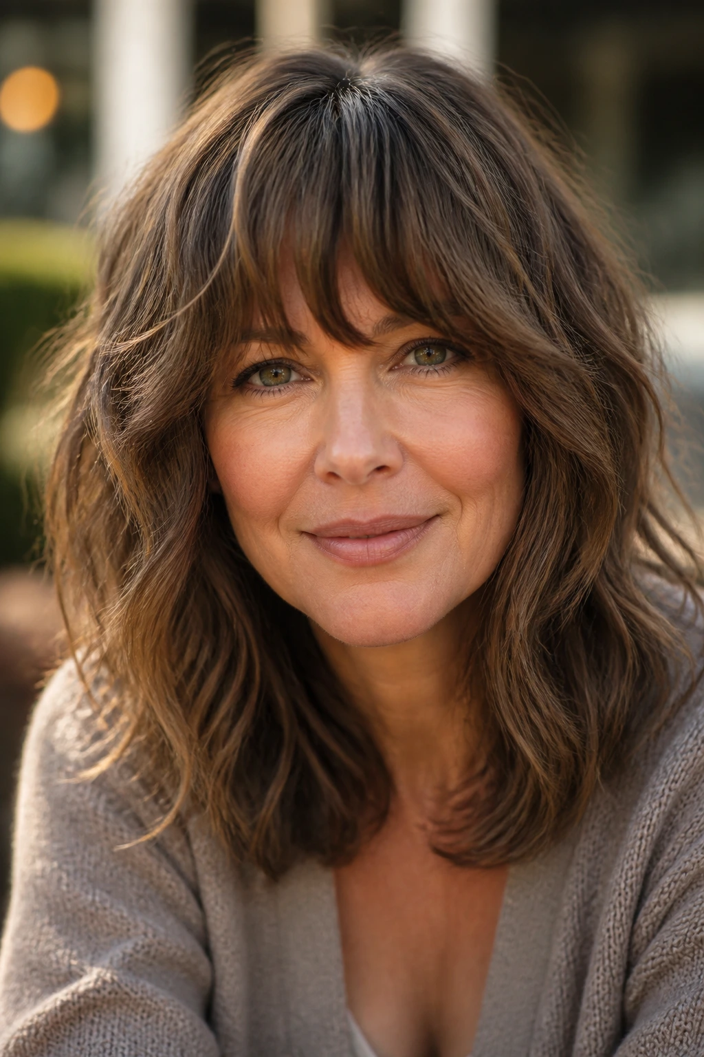 Real woman with shag bangs and layered hair in sunlight
