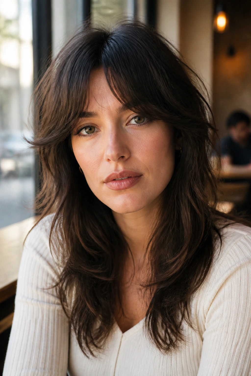 Close-up portrait of a real woman with shag and bottleneck bangs