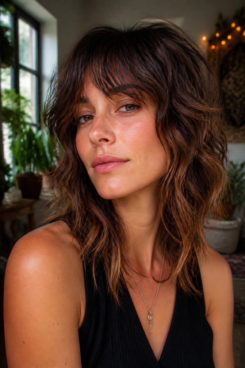 Real woman with wavy shag hairstyle and cinnamon-tinted tips
