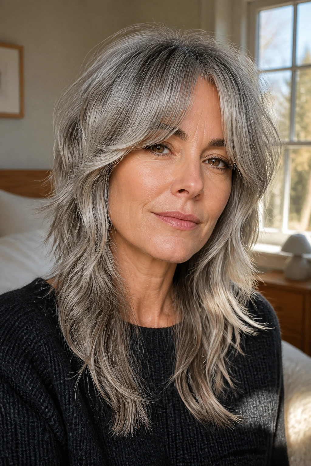 Close-up of a gray-haired woman with a shag haircut and curtain bangs highlighting face framing.