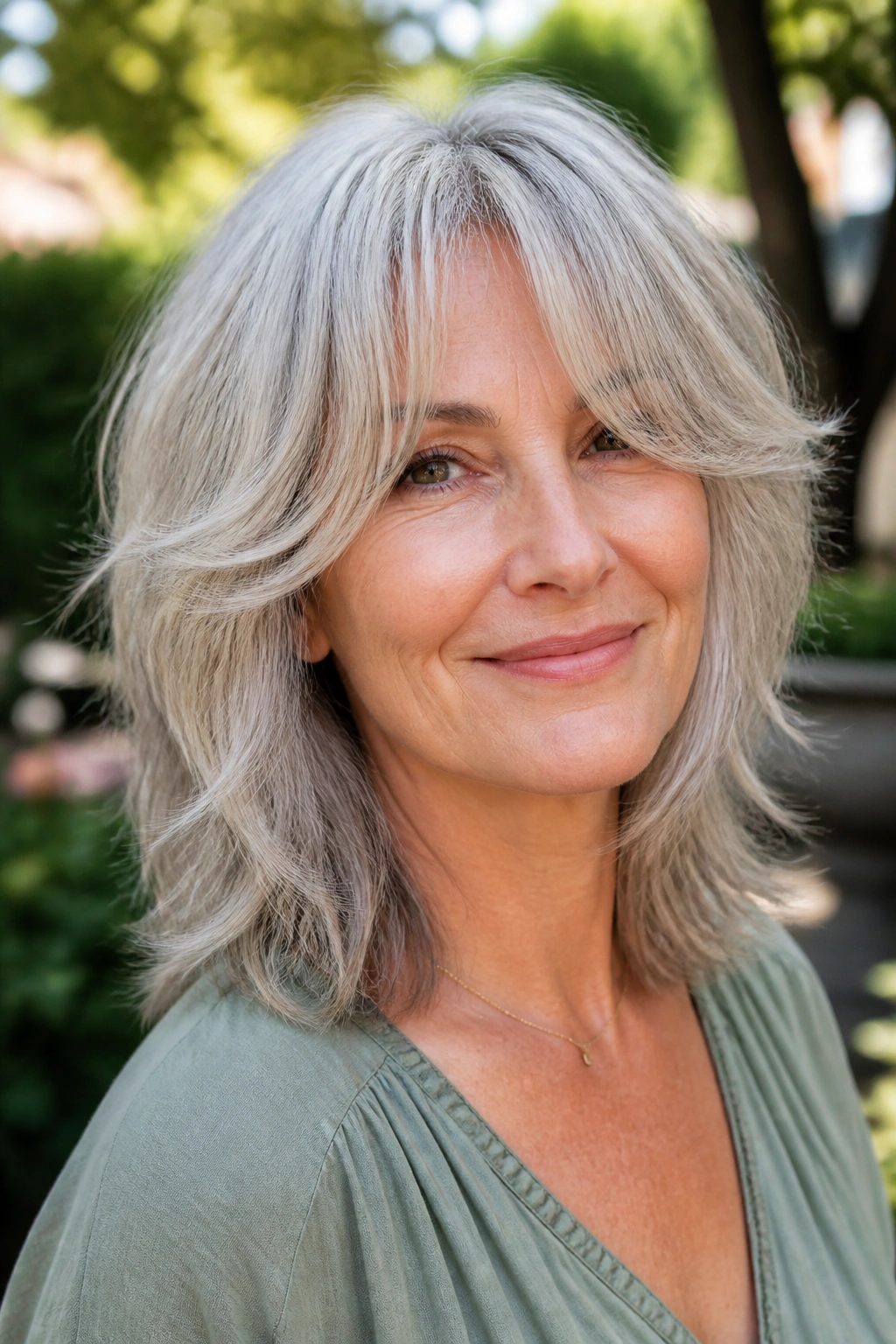 Close-up of an older woman with shag haircut and curtain bangs outdoors