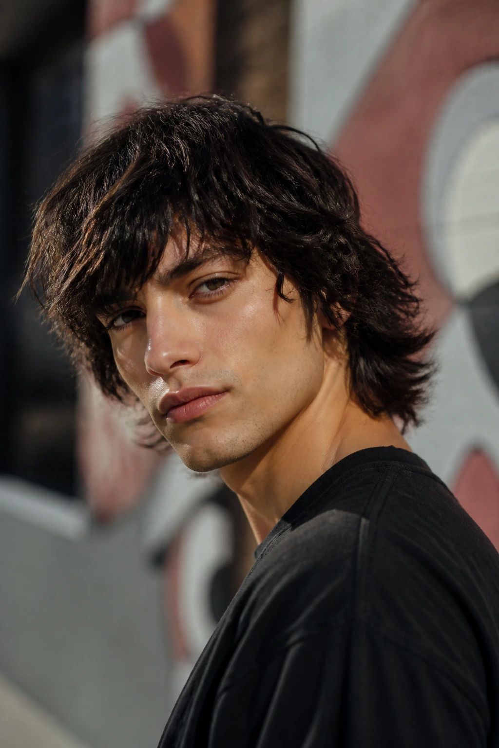 Real man with shag haircut and choppy ends in urban street