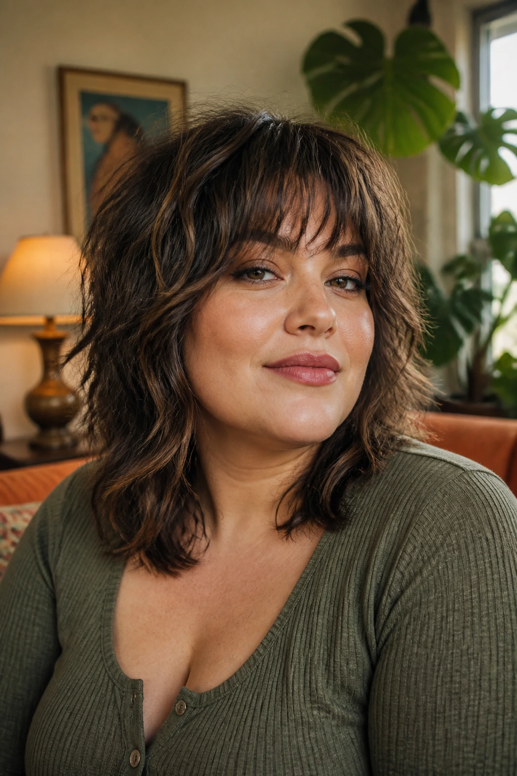 Real woman with shag haircut showing textured layers and fringe