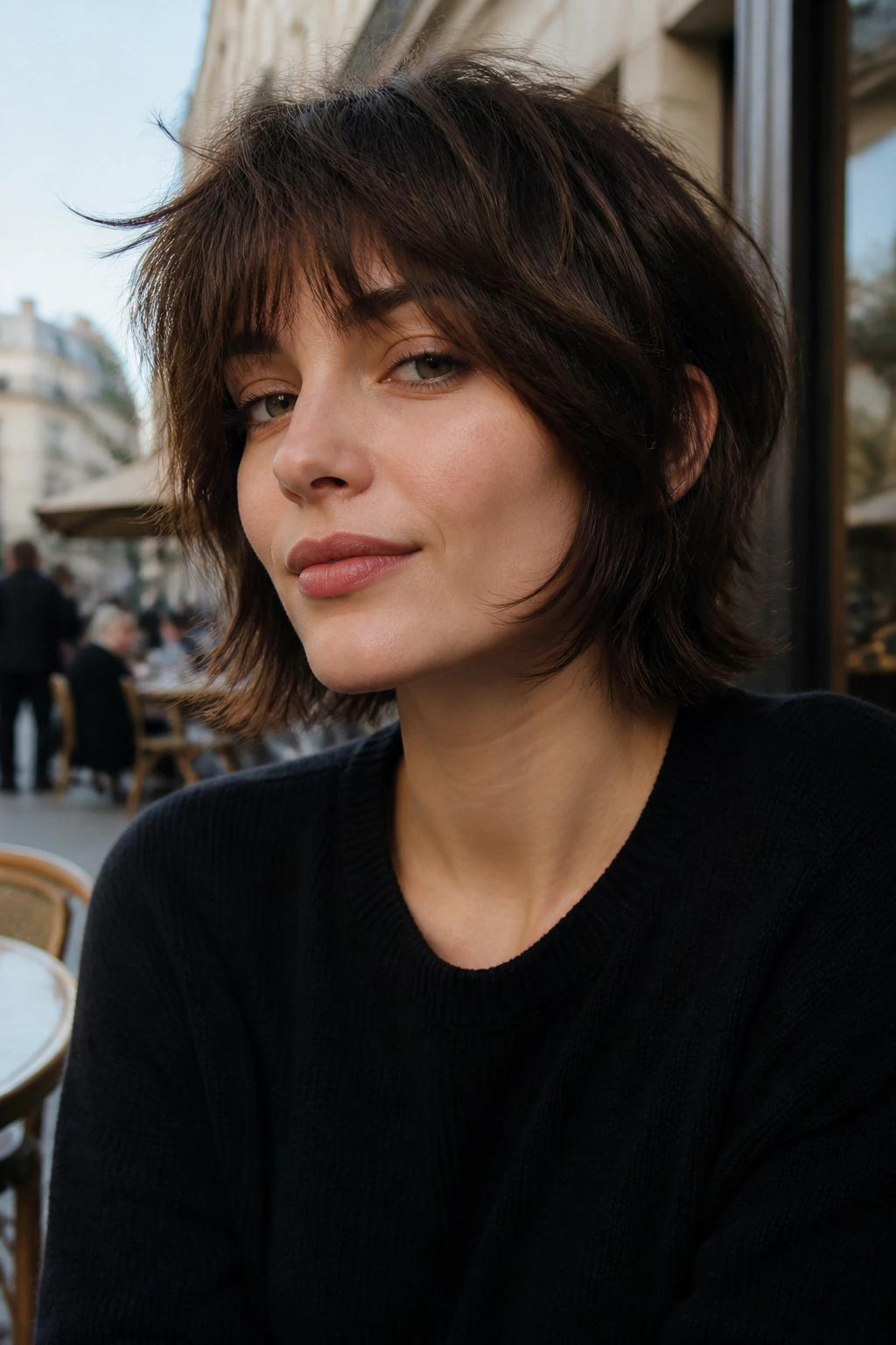 Close-up portrait of a real woman with a shag cut and jaw-grazing layers outdoors
