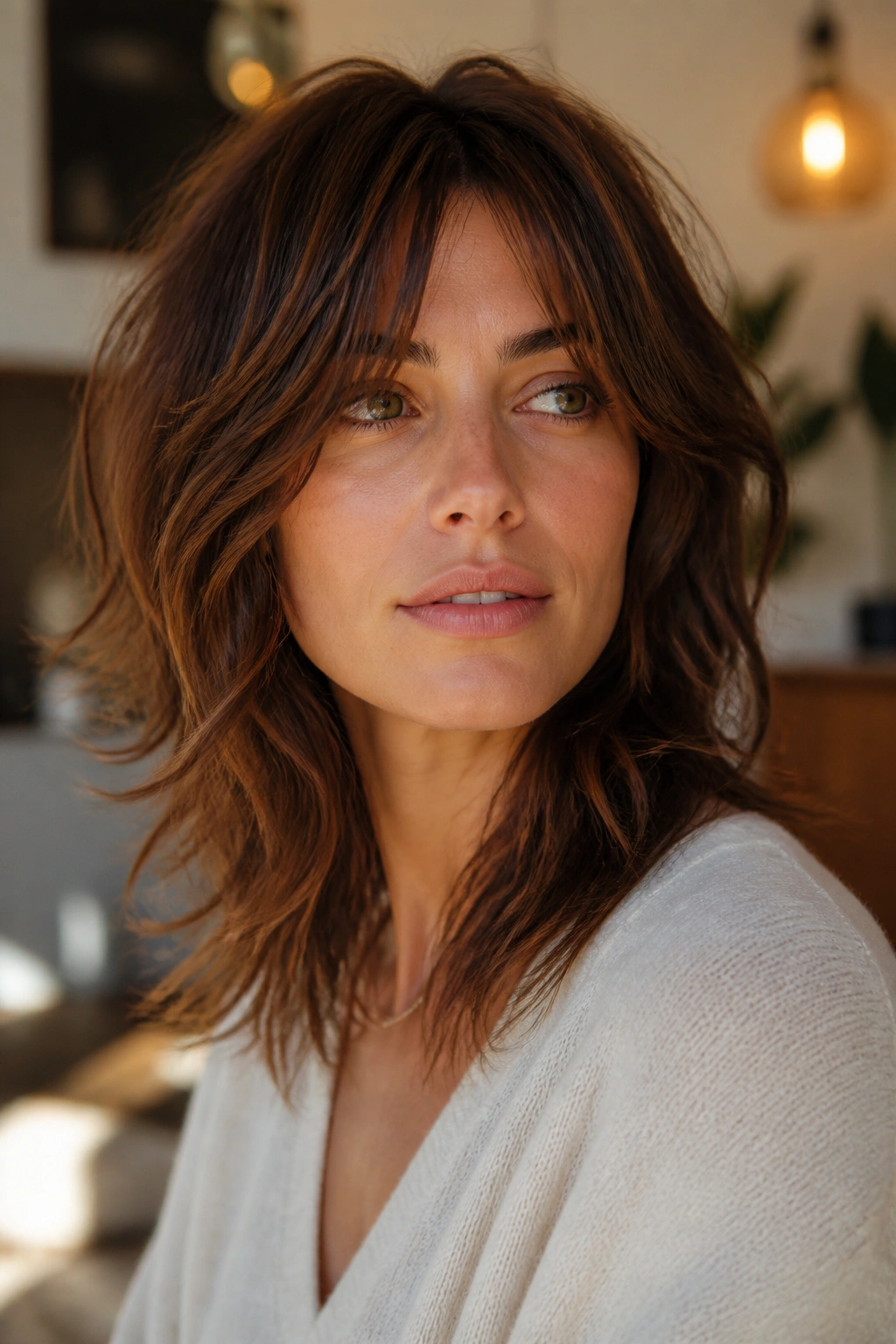 Close-up portrait of a real woman with a shag haircut and soft layers
