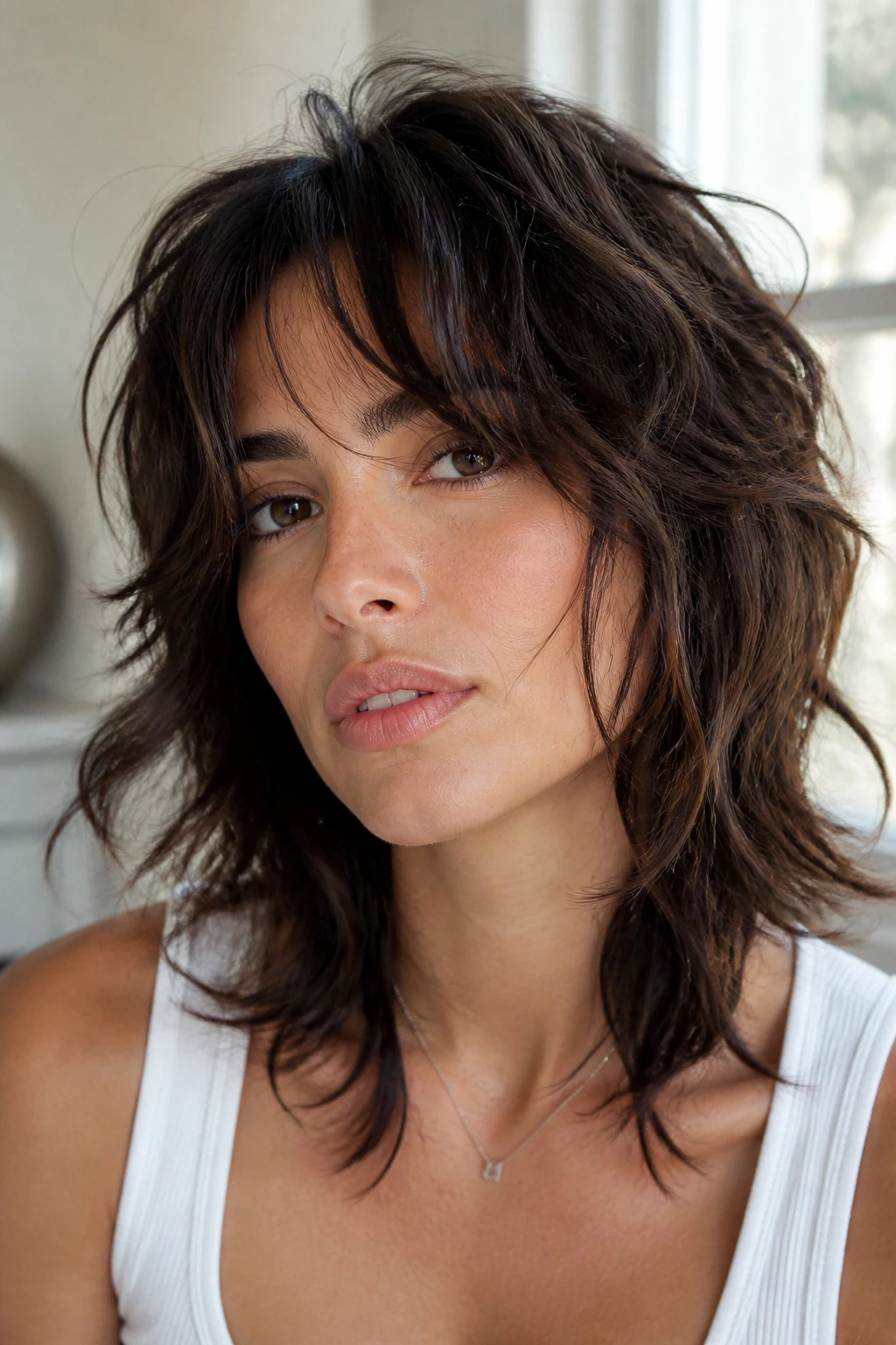 Close-up of a person with tousled shag and face-framing pieces
