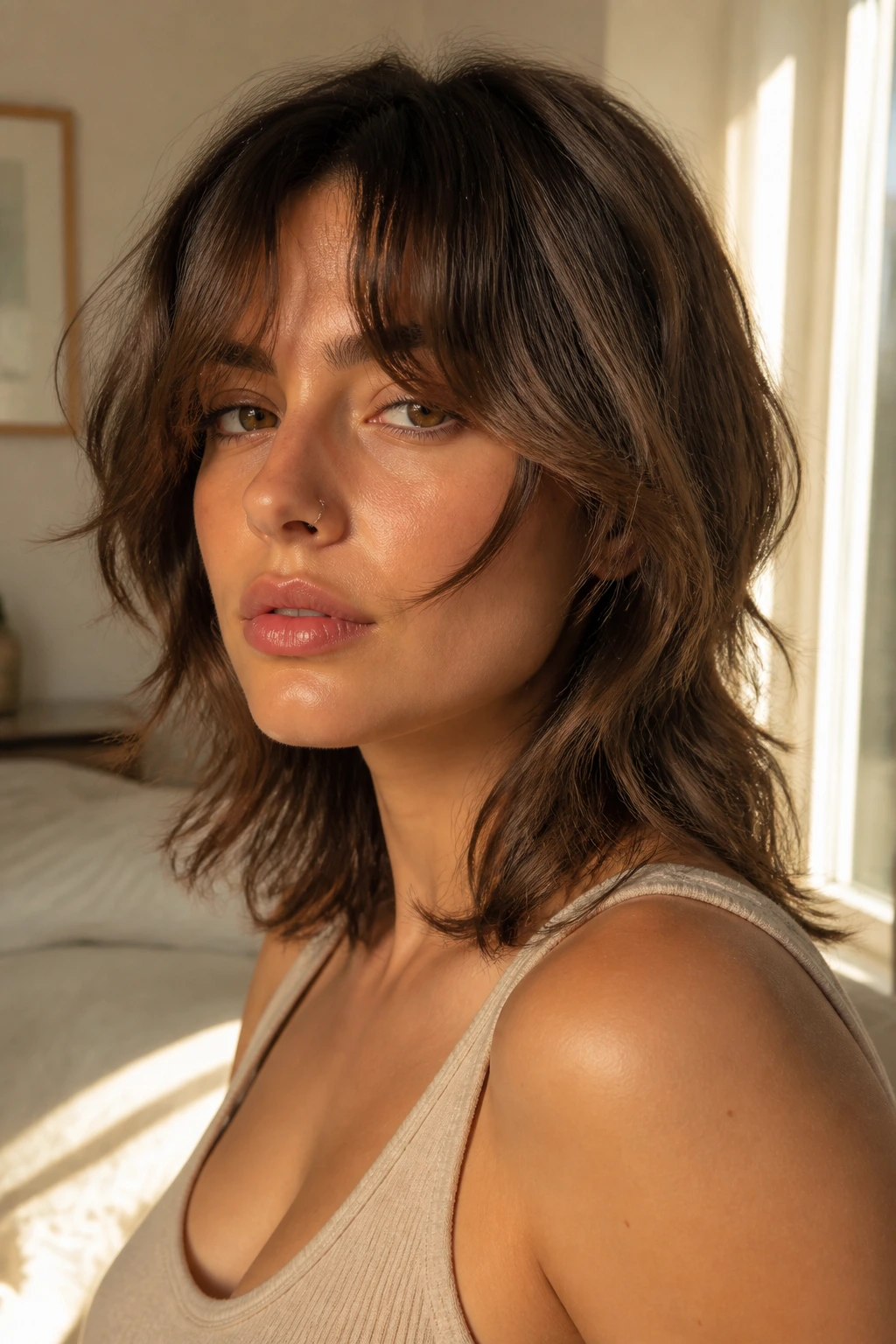 Close-up portrait of a real woman with shag haircut and face-framing tendrils by a window