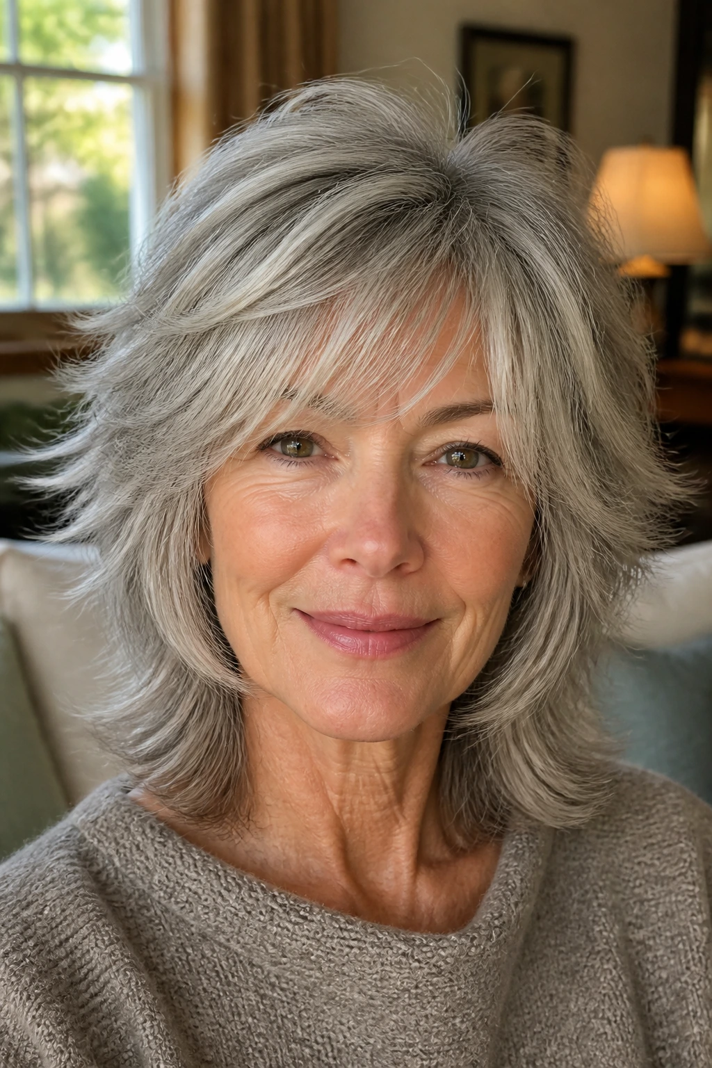 Close-up of a real woman with a silver-gray shag haircut featuring feathered ends in a warm window-lit living room.