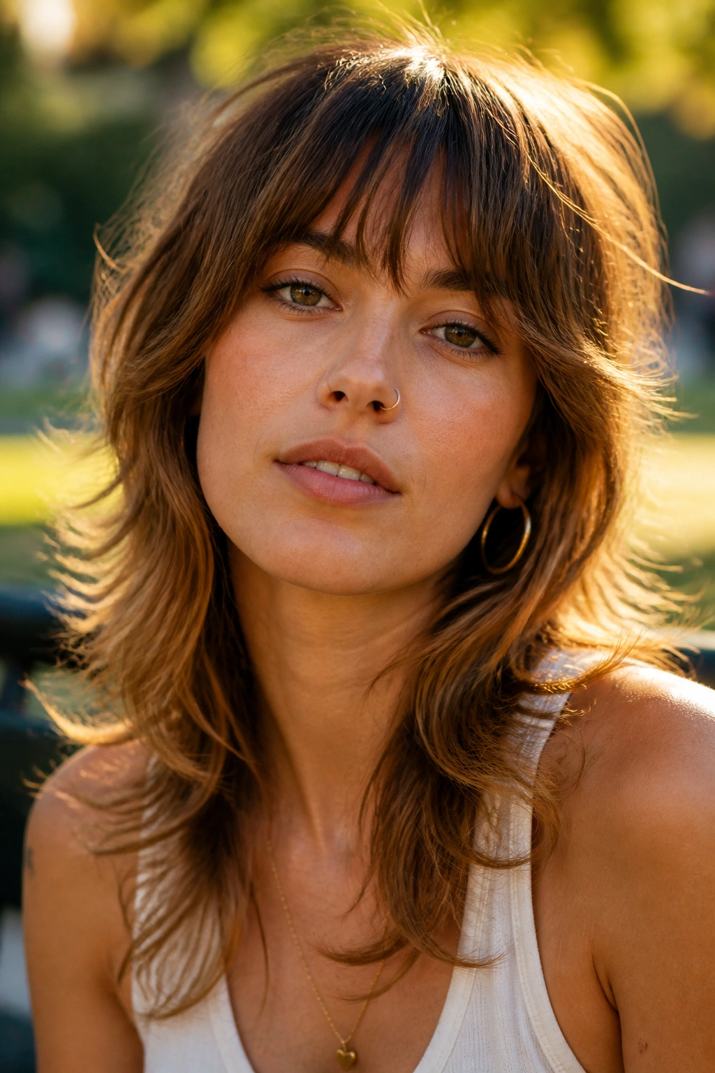 Close-up of a real woman with flipped ends shag and brow-length bangs in golden hour light