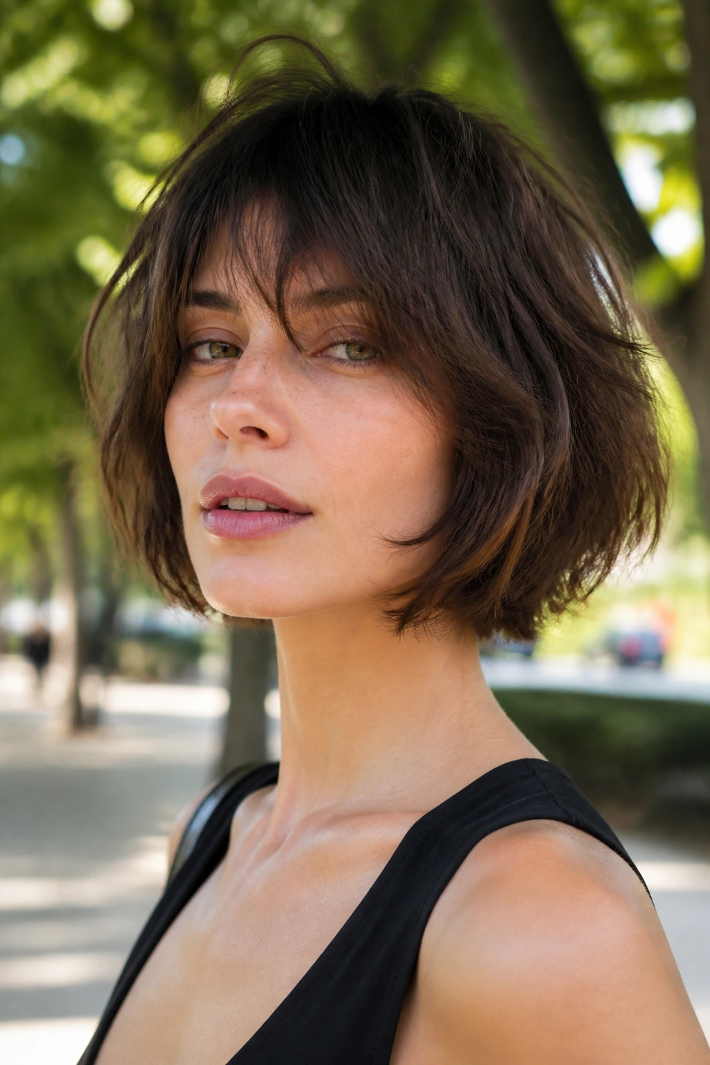 Close-up of a woman with a shag-inspired French bob and airy ends outdoors.