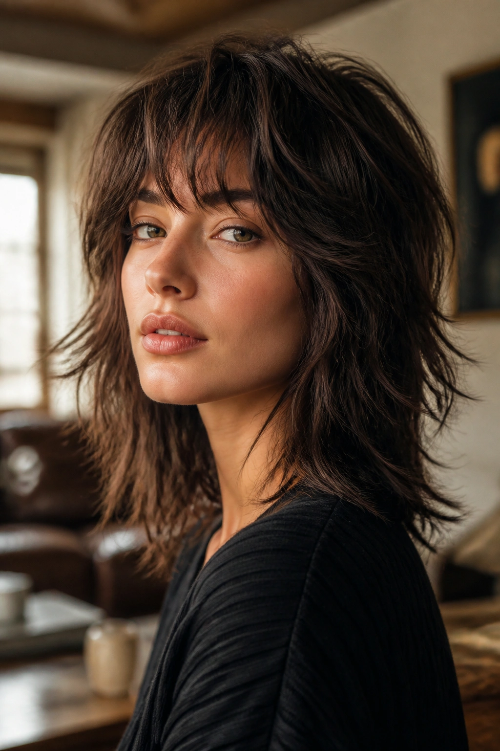 Close-up portrait of a real woman with a shag and fringe, warm window light.