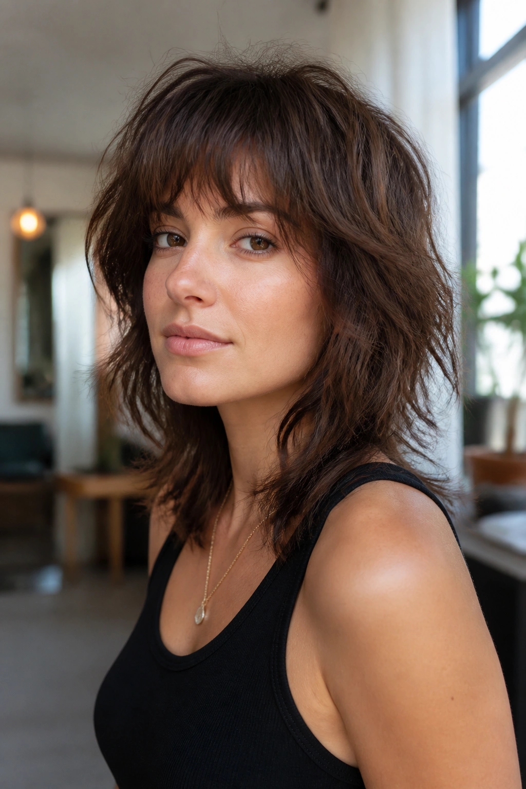 Real woman with shag haircut featuring fringe in the top layer, in soft indoor light