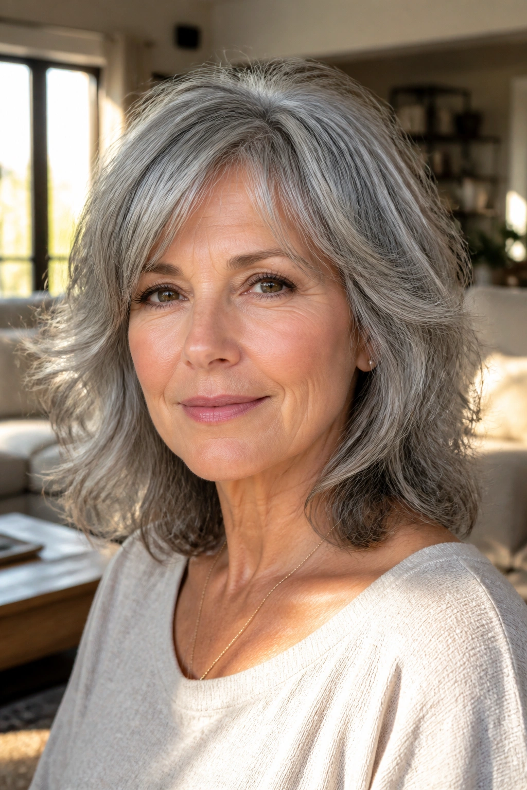 Real woman with shoulder-length shag haircut