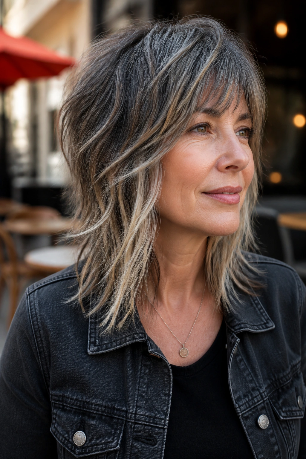 Close-up of choppy shag with ash blonde peekaboo pieces in a real person’s hair