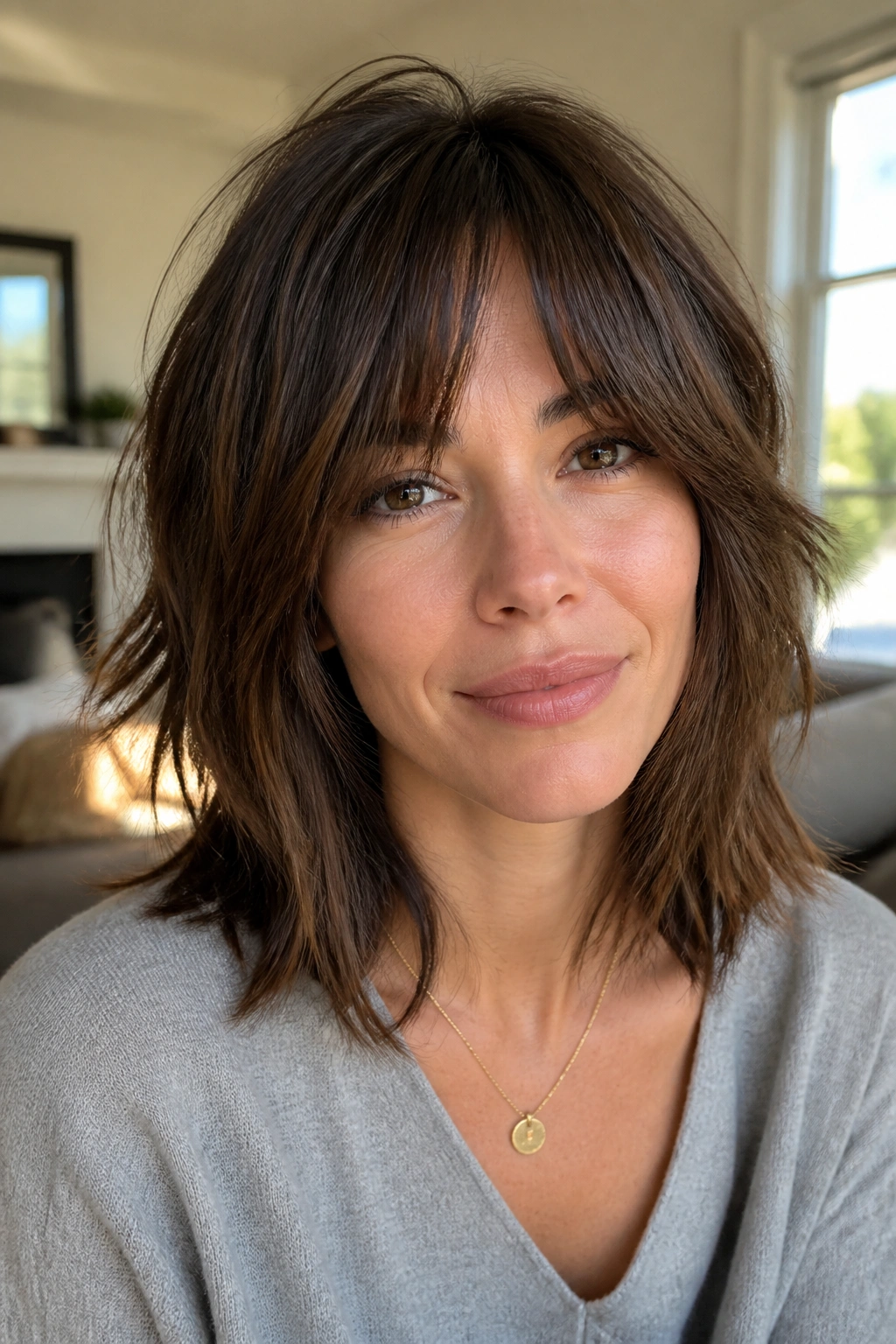 Close-up of real woman with shag haircut and soft fringe in warm natural light.