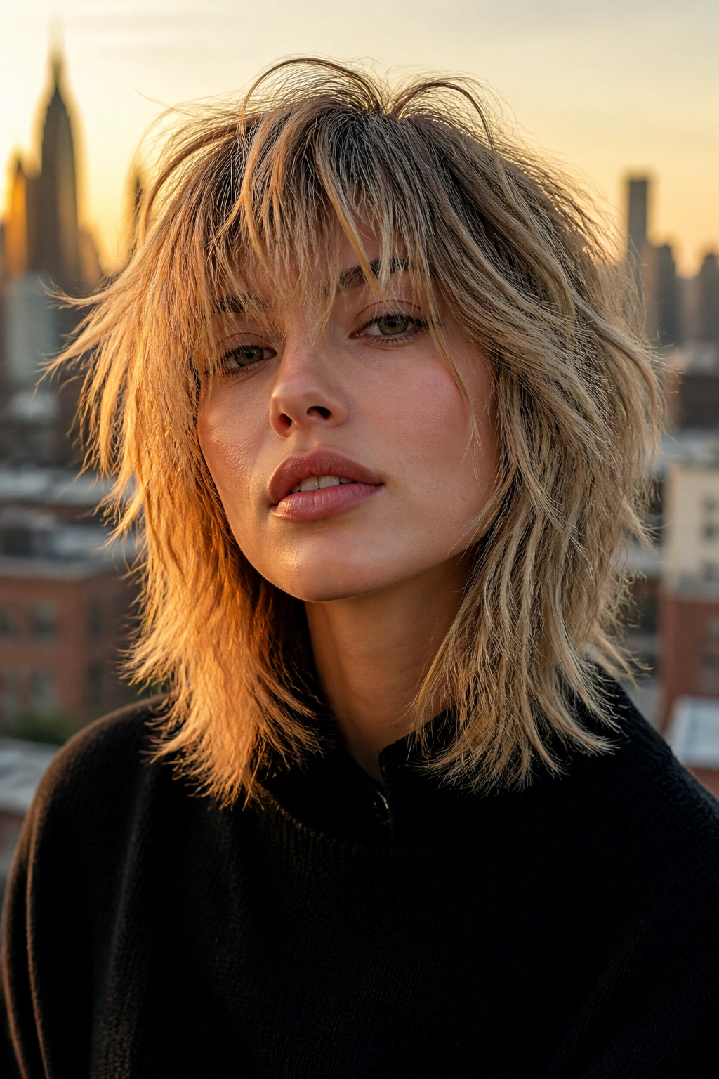 Close-up portrait of a real woman with a shag haircut