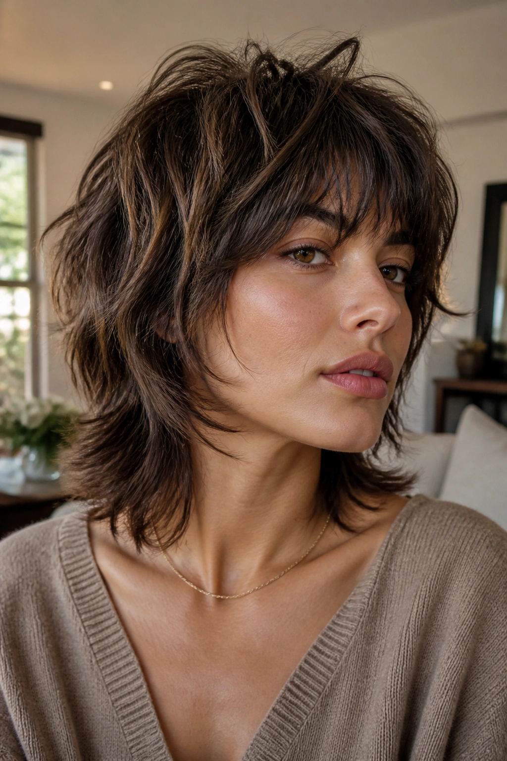 Close-up of a real woman with a choppy piecey shag showing textured ends in warm window light.