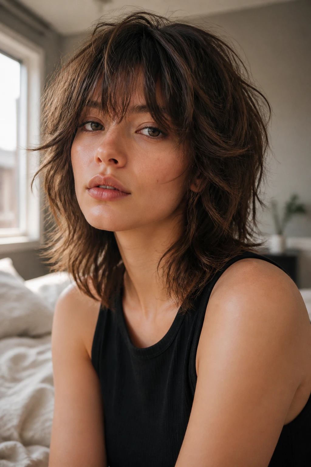 Close-up of a real woman with a textured shag haircut and crown lift in natural window light.