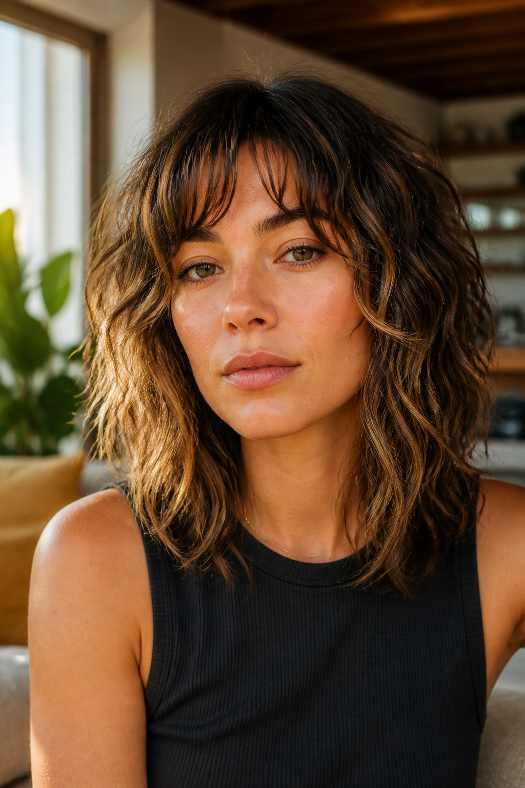 Close-up portrait of a real woman showcasing a shag haircut designed for wavy hair with a front-facing view.