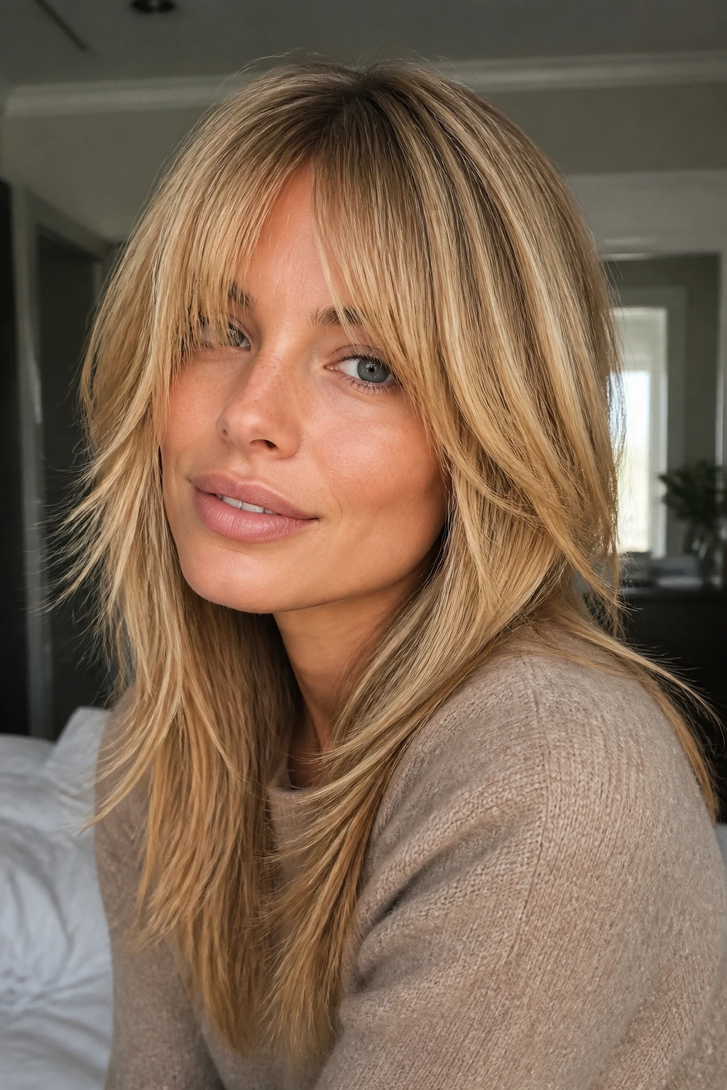 Close-up of a real woman with soft honey blonde shag and clean lines