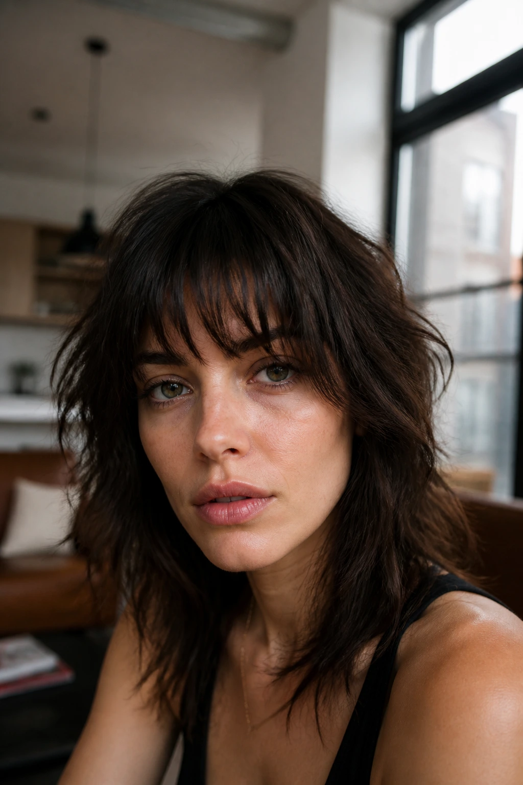 Close up of a real person with shag layered bangs showing texture and movement.