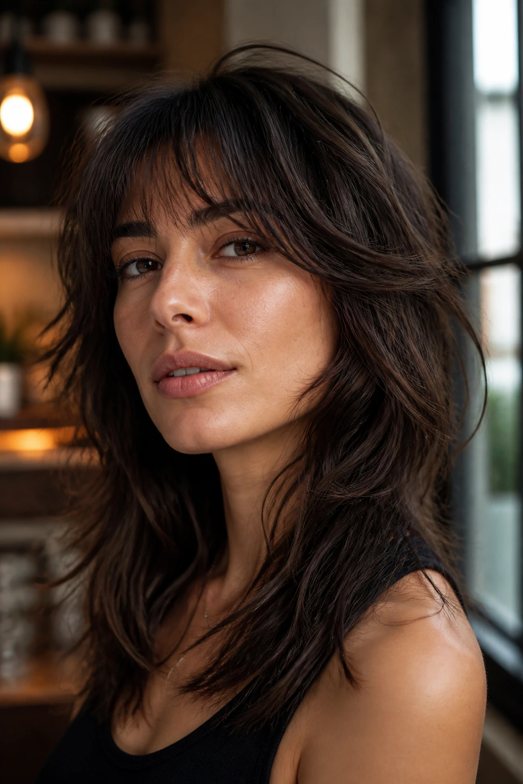 Portrait of a real woman with shag-inspired long layers and soft edges, textured style.