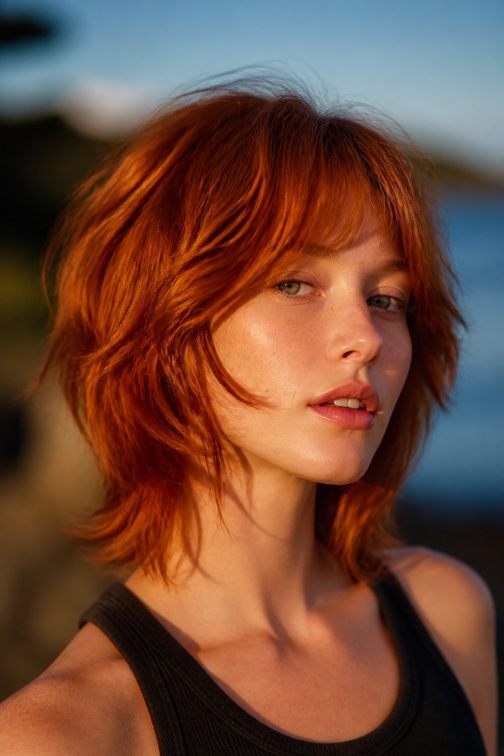 Close-up portrait of a real woman with modern shag and soft movement in red hair