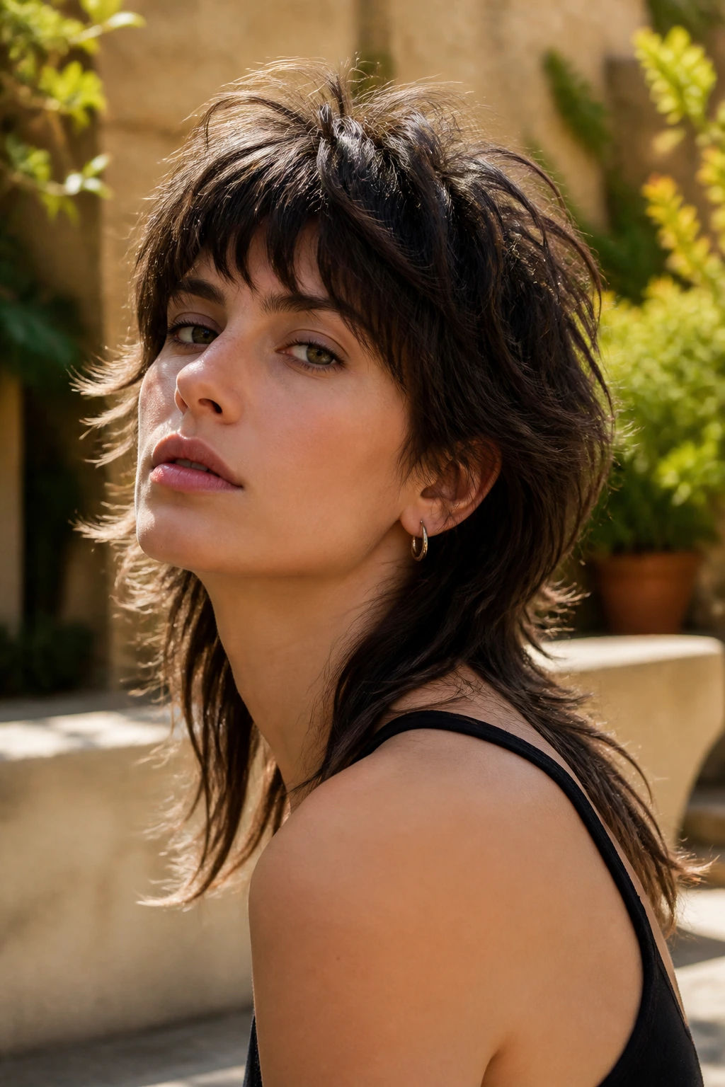 Close-up portrait of a real woman with shag mullet and airy ends in sunlit courtyard