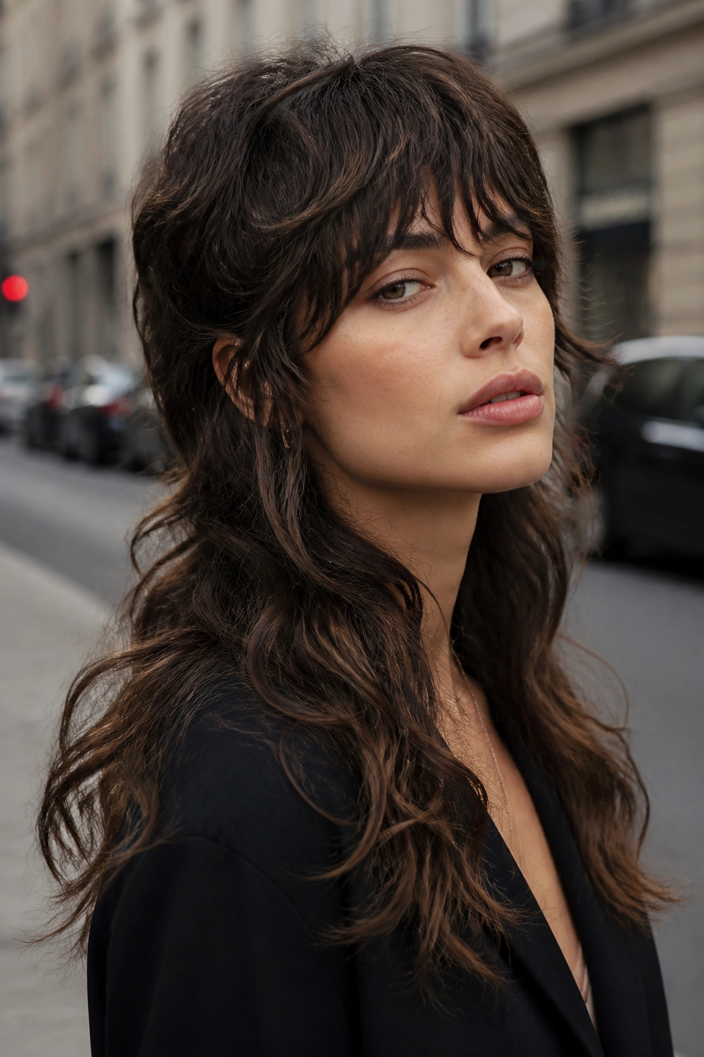Portrait of a woman with shag mullet hybrid and long waves on an urban street