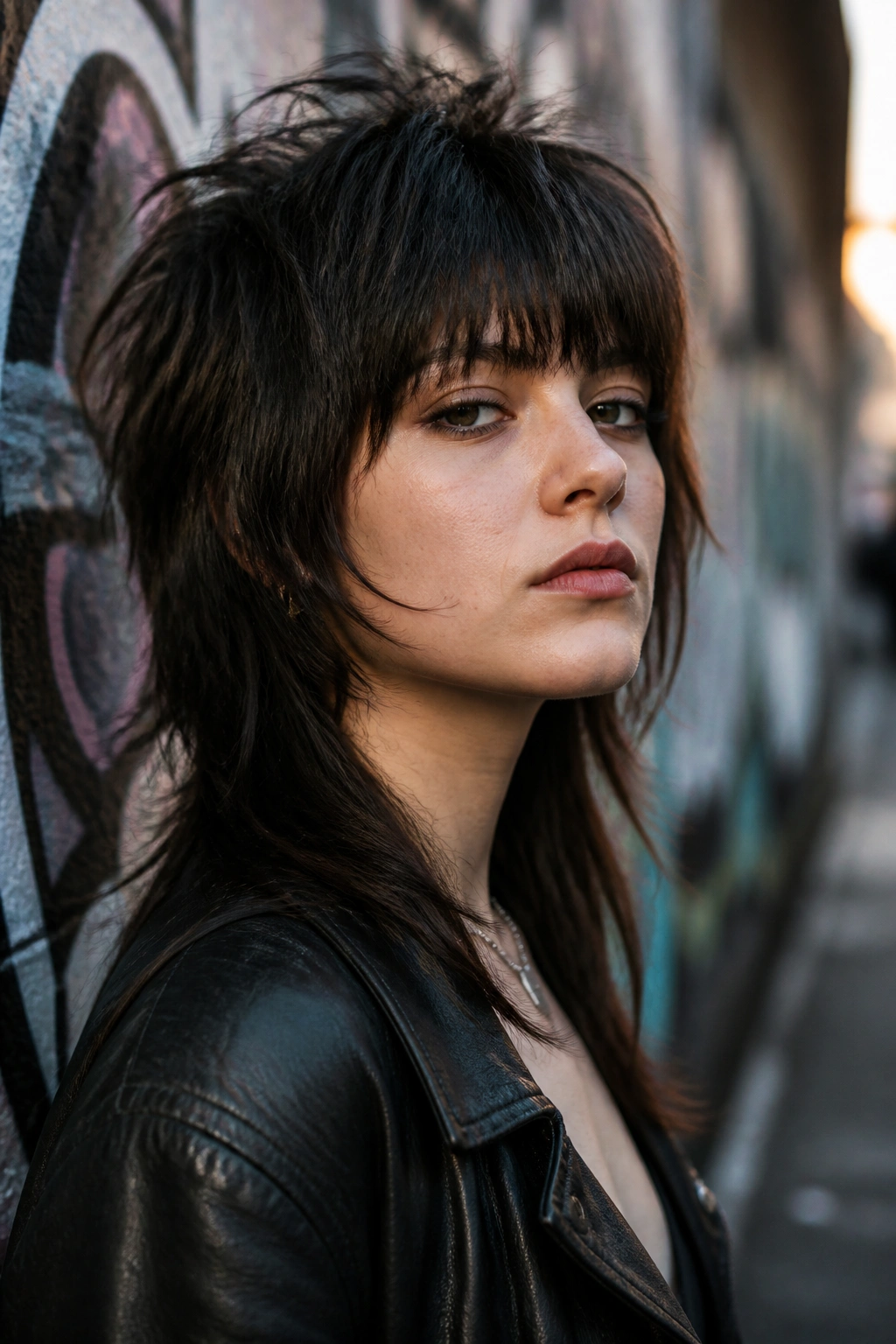 Real person with shag-mullet wolf cut and full fringe against moody urban background
