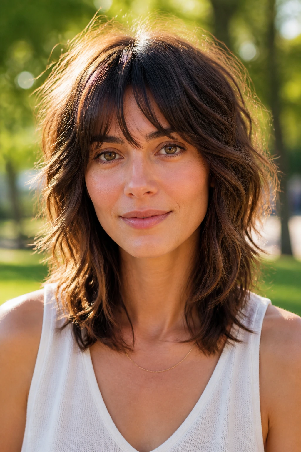Close-up of a person with subtle waves in a layered shag outdoors