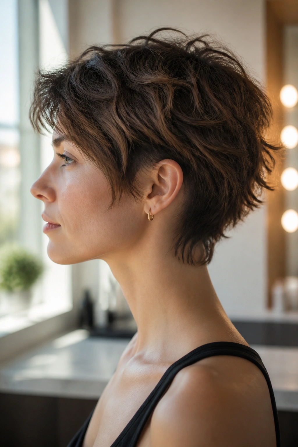 Side-profile of a real person with a shag haircut and subtle undercut at the nape
