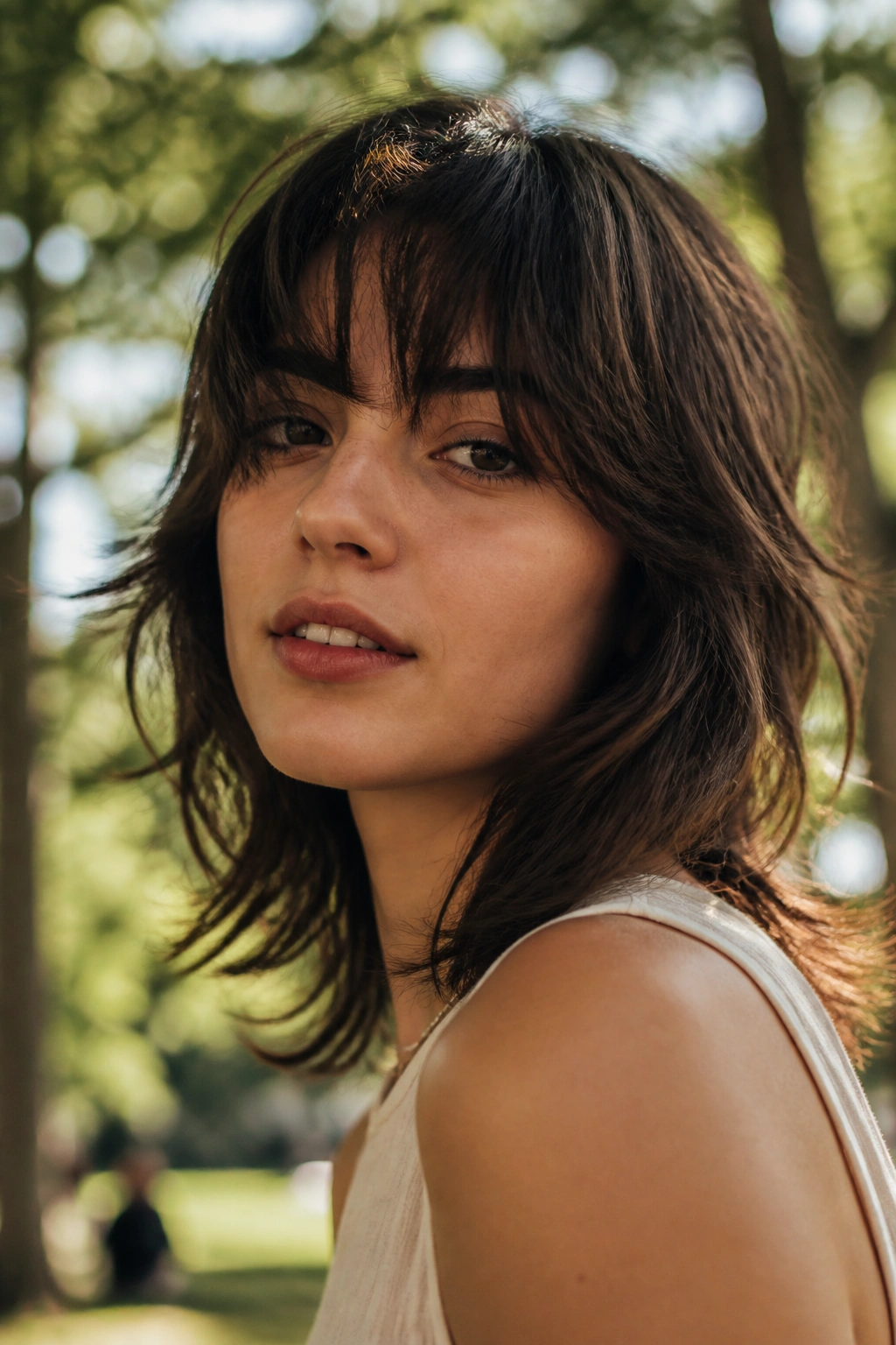 Close-up portrait of a woman with a shag haircut and wispy fringe