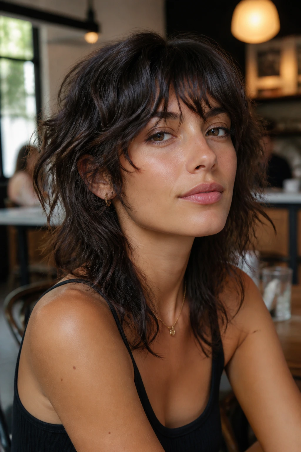 Real woman with shaggy wolf cut showing choppy layers and face-framing pieces.