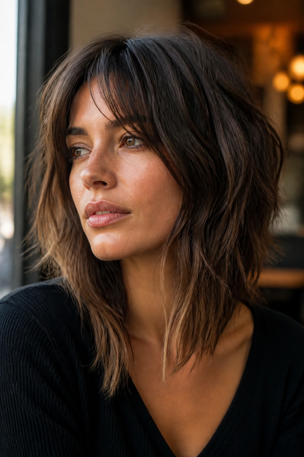 Close-up of a real woman with a shaggy long angled bob textured hairstyle in a cafe window setting