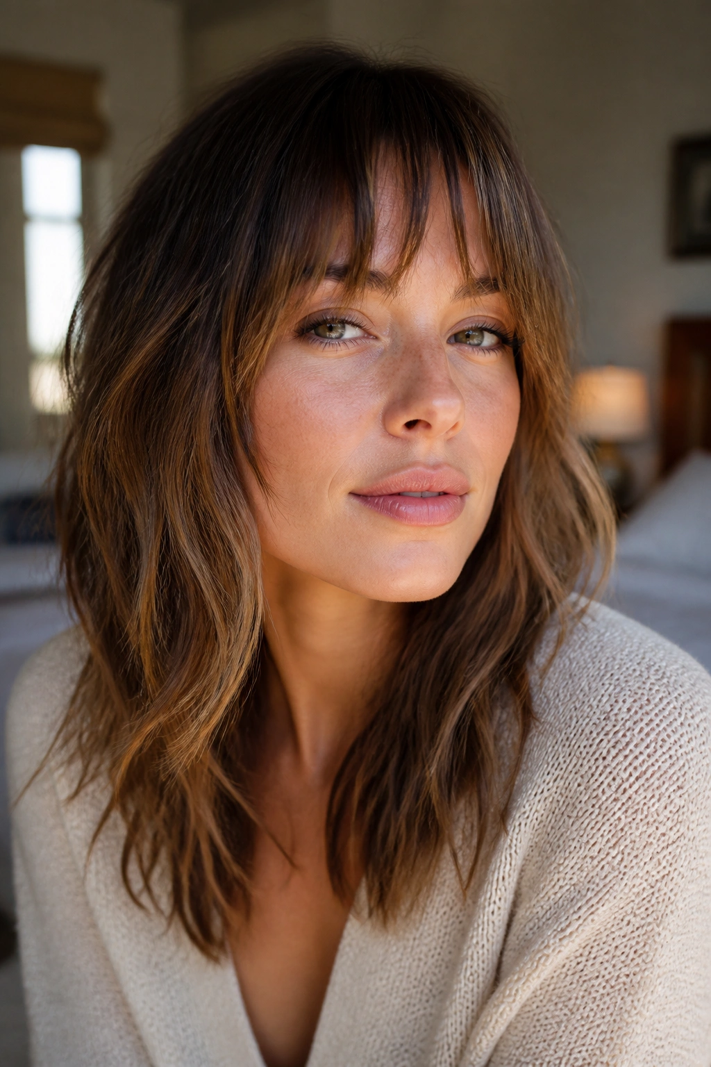 Close-up portrait of a real woman with shaggy Bardot bangs and broken-up edge in soft window light