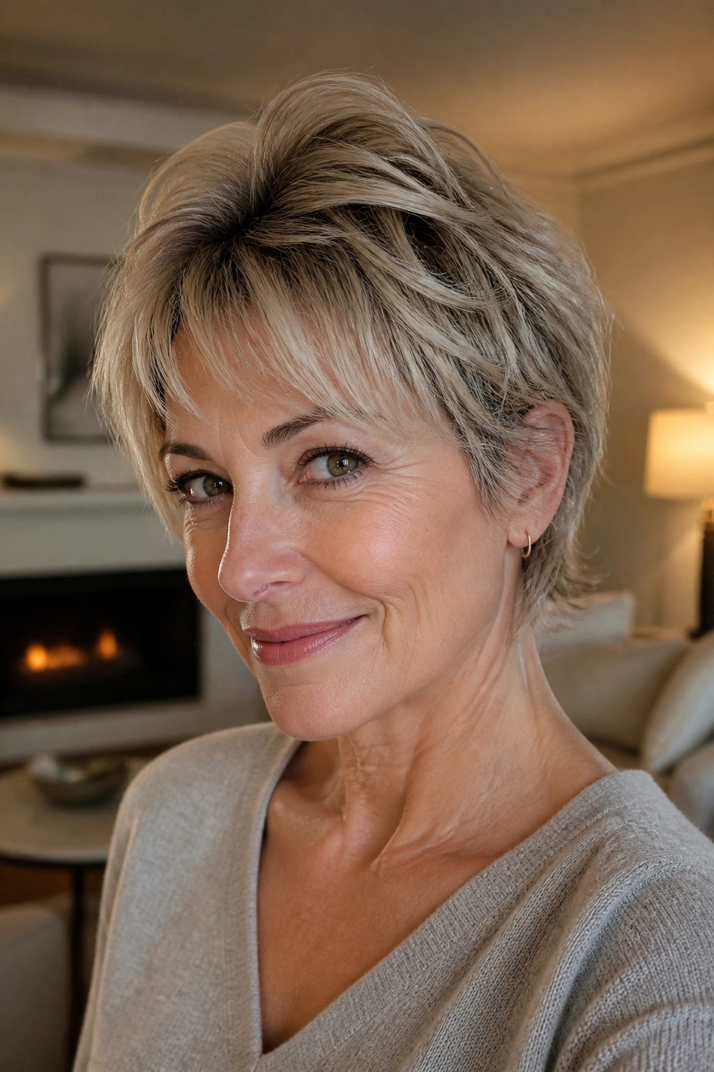Portrait of a woman with a shaggy bixie and lifted crown