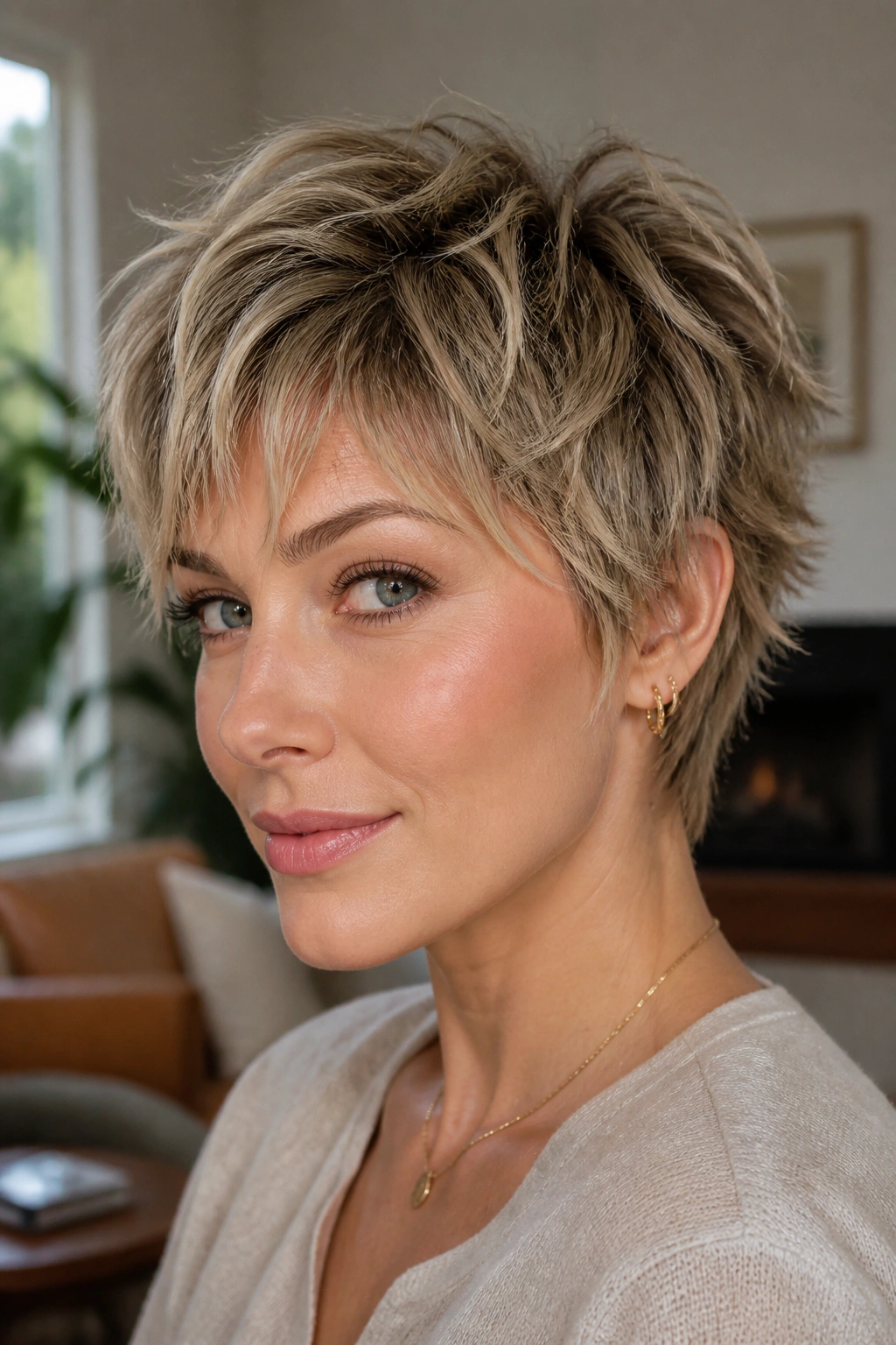 Close-up of a woman with a shaggy bixie cut showing movement around crown