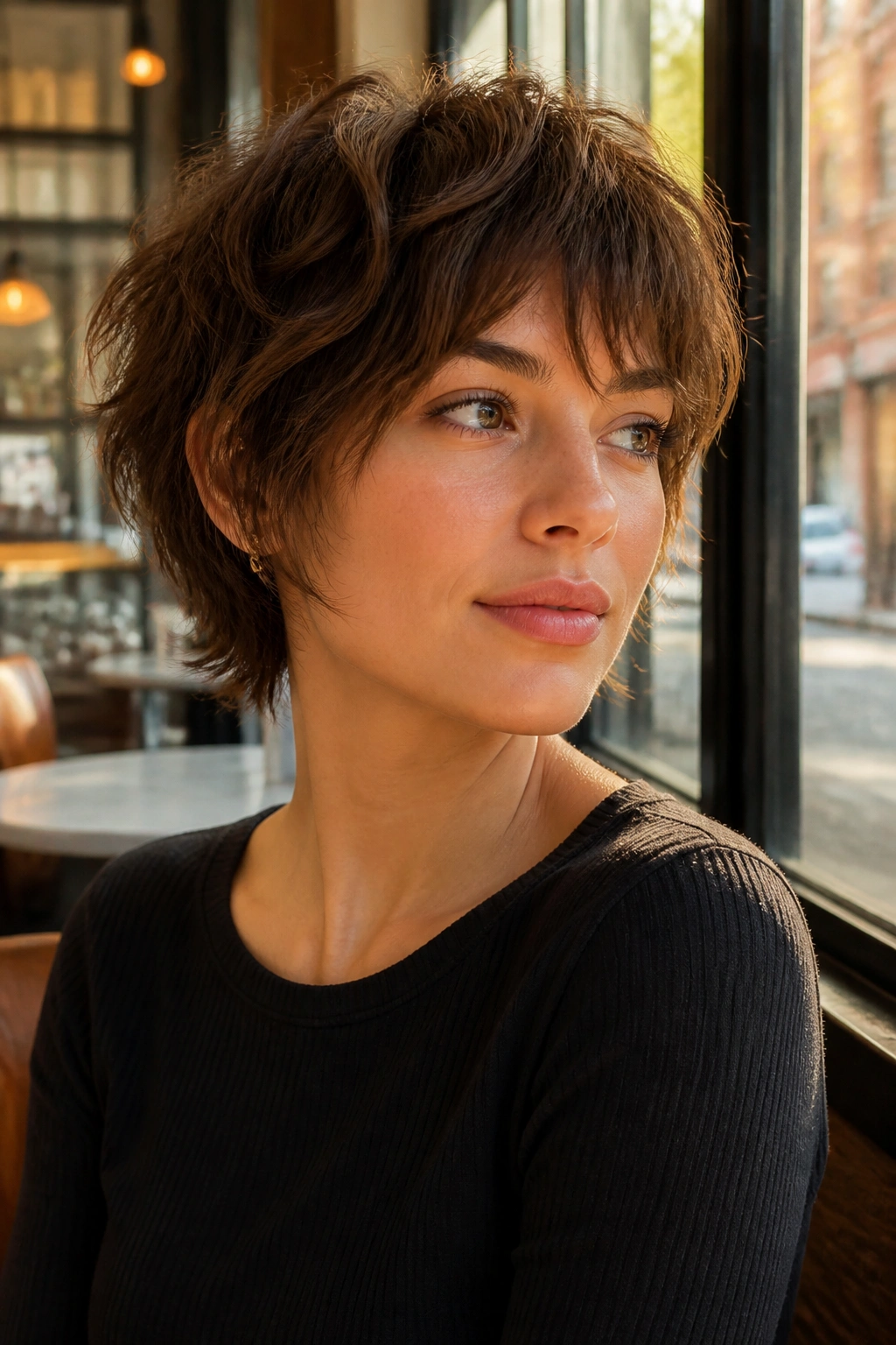 Real person with shaggy bixie haircut, thick hair, close-up portrait
