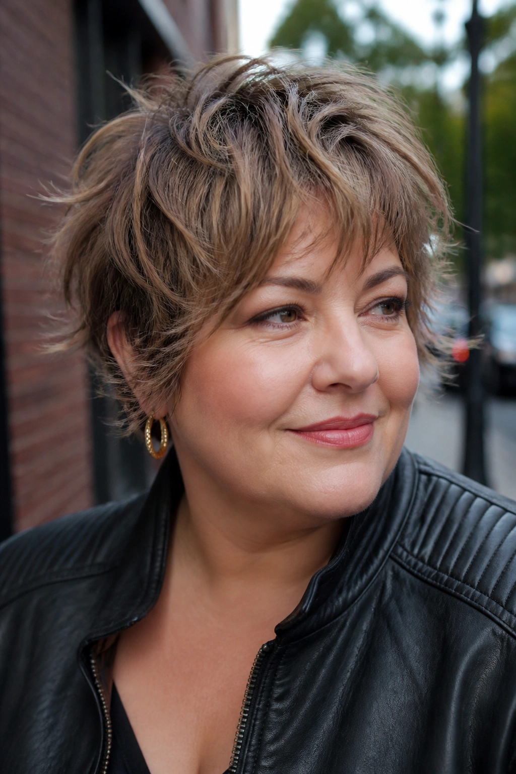 Close-up portrait of a real woman with shaggy bixie and tousled layers