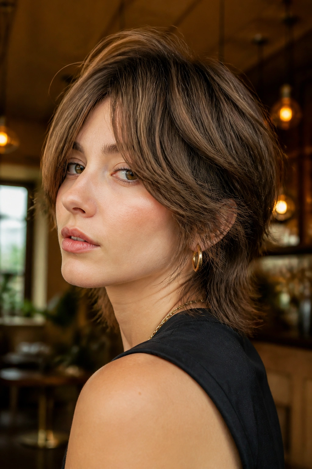 Close-up of a real person with Shaggy Bixie Wolf Cut and curtain bangs.