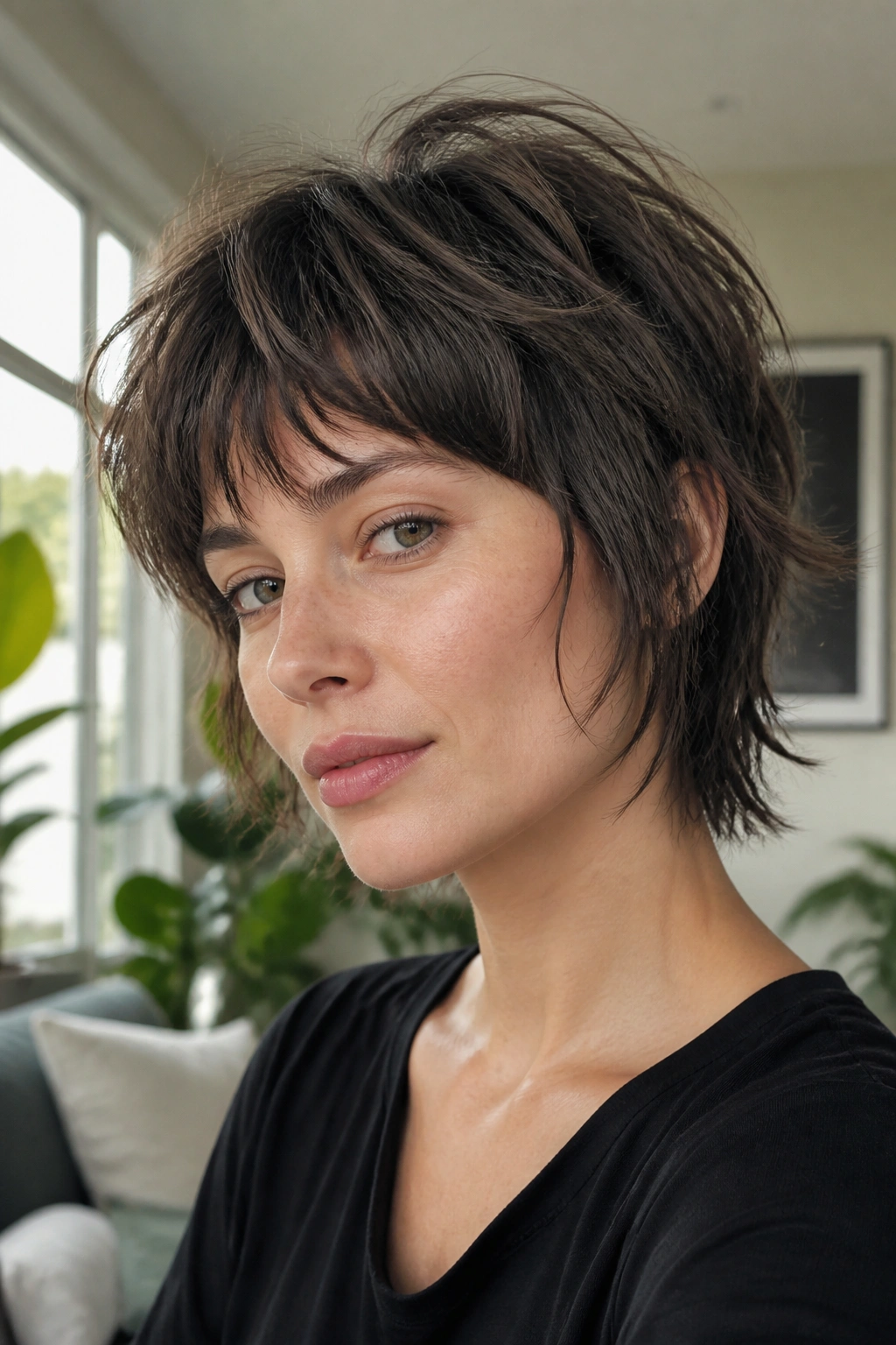 Real woman with shaggy bixie-wolf hybrid hairstyle in bright living room.